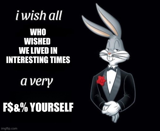 A gray cartoon rabbit in a black tuxedo with a red rose on its lapel stands against a black background. White text is…