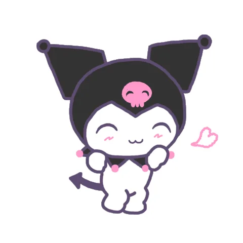 Six identical cartoon illustrations of Kuromi, a black-haired, white-bodied character with a pink skull on her head and a…