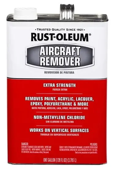 A can of Rust-Oleum Aircraft Remover, a chemical paint stripper, is shown with bold text listing its capabilities: removing…