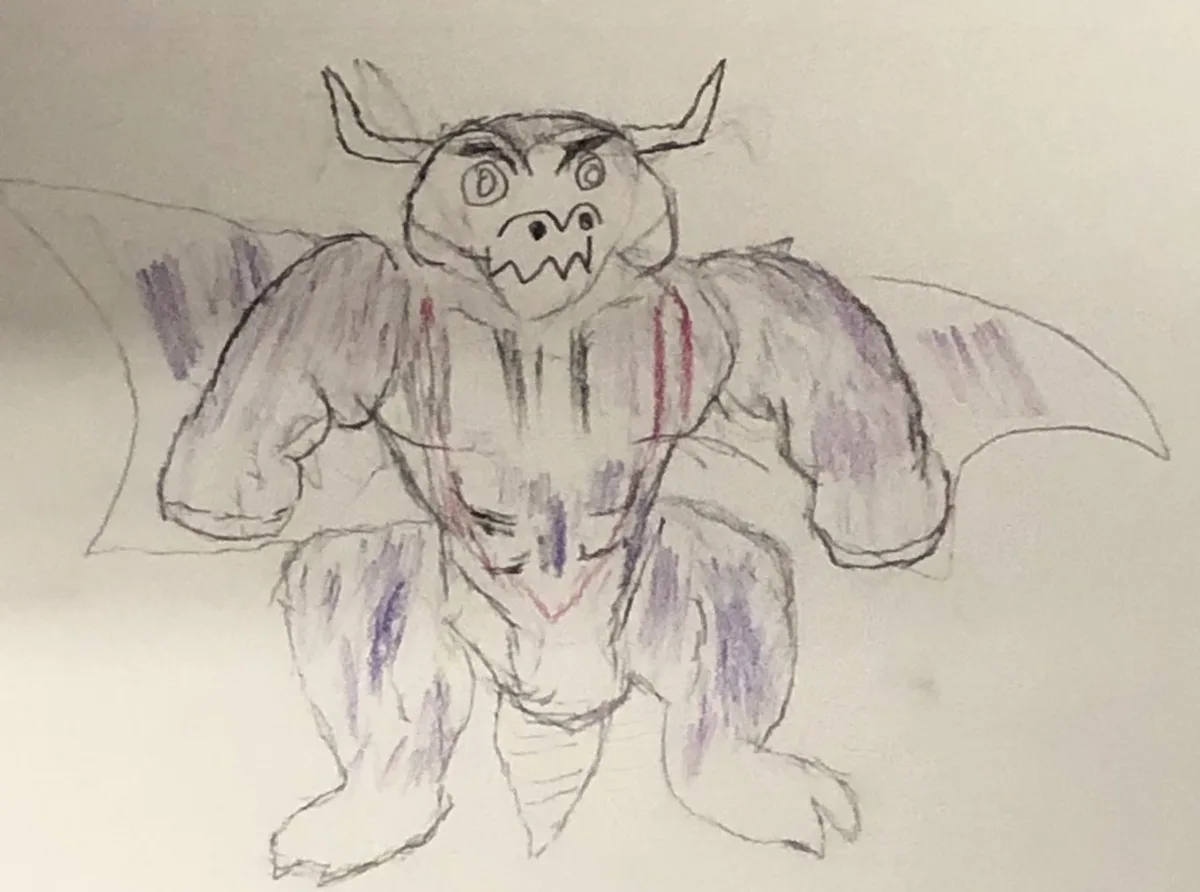 A child's pencil drawing shows a muscular, horned creature with bat-like wings and a snarling face, colored with purple and…