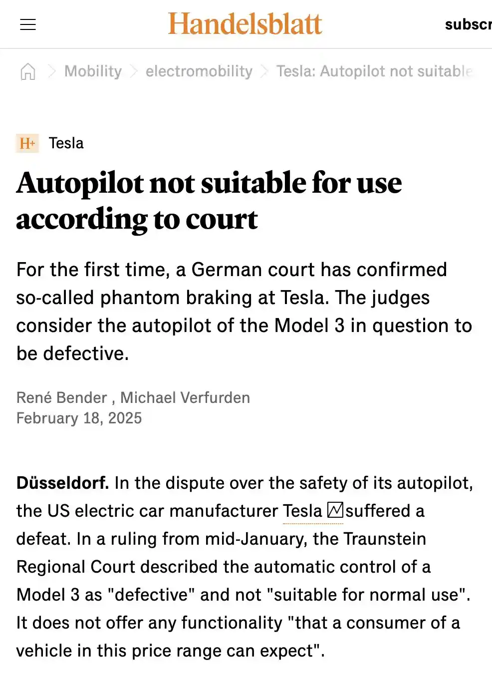 A screenshot of a German news article from Handelsblatt dated February 18, 2025, with the headline 'Autopilot not suitable…