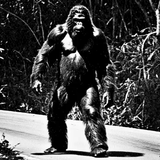 A grainy black-and-white photo shows a large, hairy, bipedal creature resembling Bigfoot walking on a paved road through a…