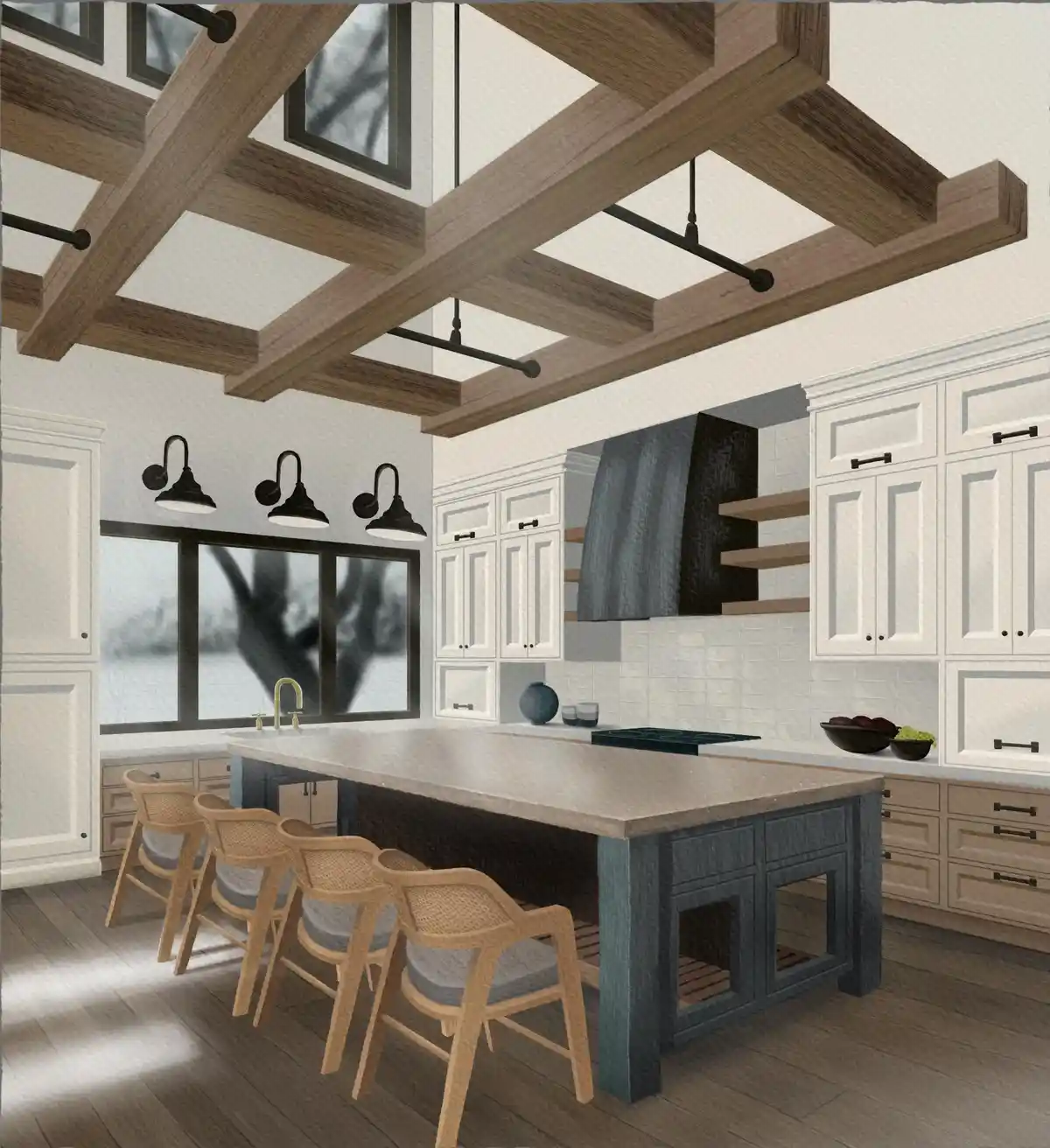 A rendered image of a modern rustic kitchen with white cabinets, a large central island with four chairs, exposed wooden…