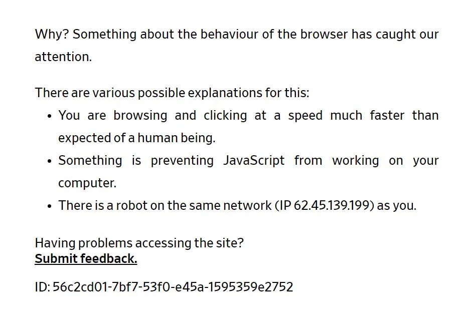 A screenshot of a website's automated error message claiming the user's browser behavior is suspicious, listing possible…