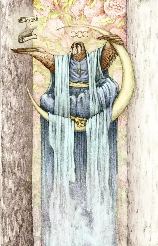 An illustration depicts a bird, resembling a hawk or falcon, dressed in a long blue robe with a gold cross on the chest…