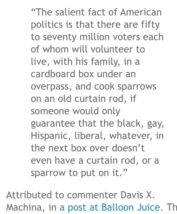 A plain white background image displays a long block of gray text quoting a satirical political observation. The quote…