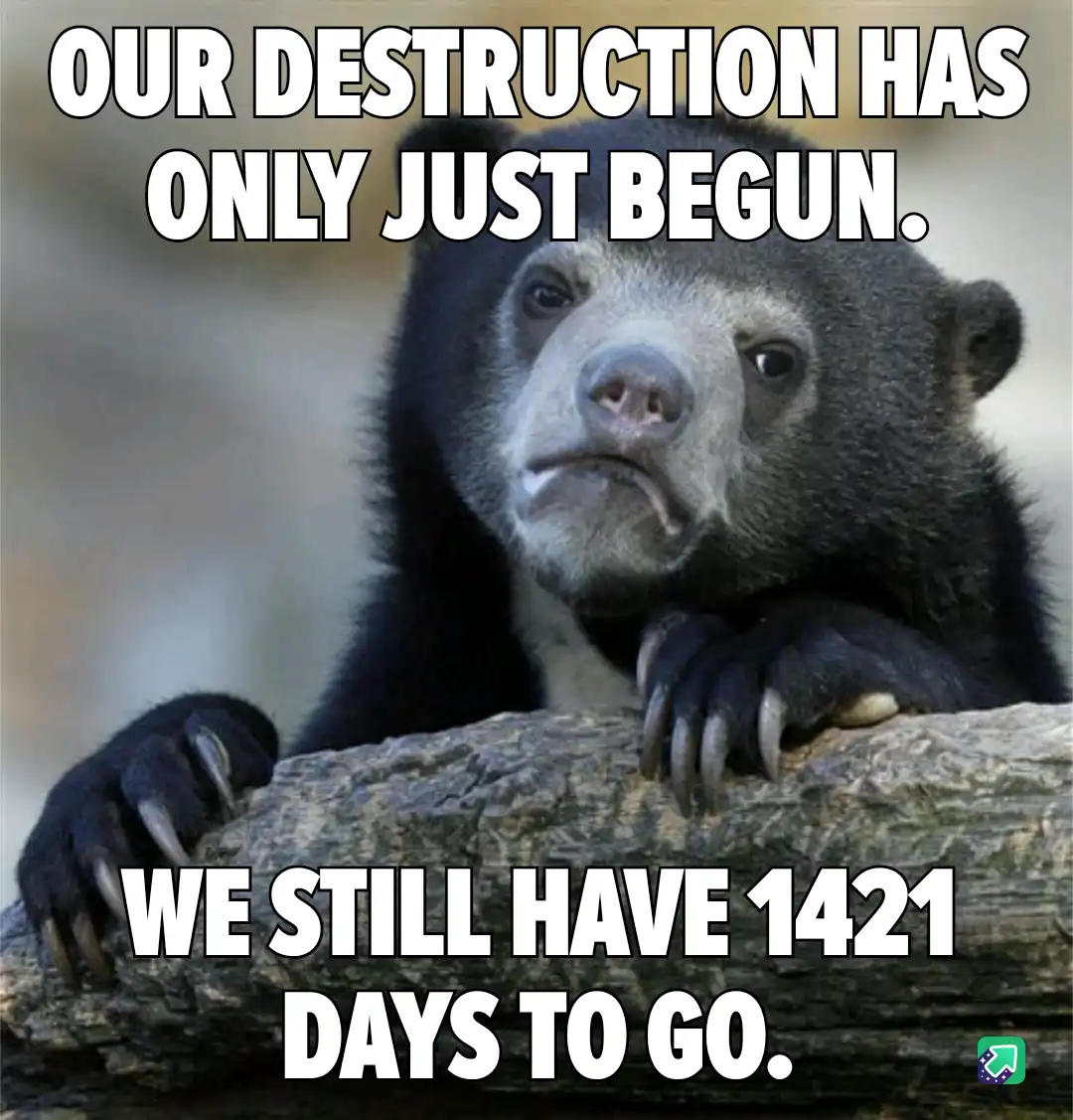 A close-up photo of a sloth bear with a resigned, weary expression, resting its paws on a log. White bold text overlaid at…