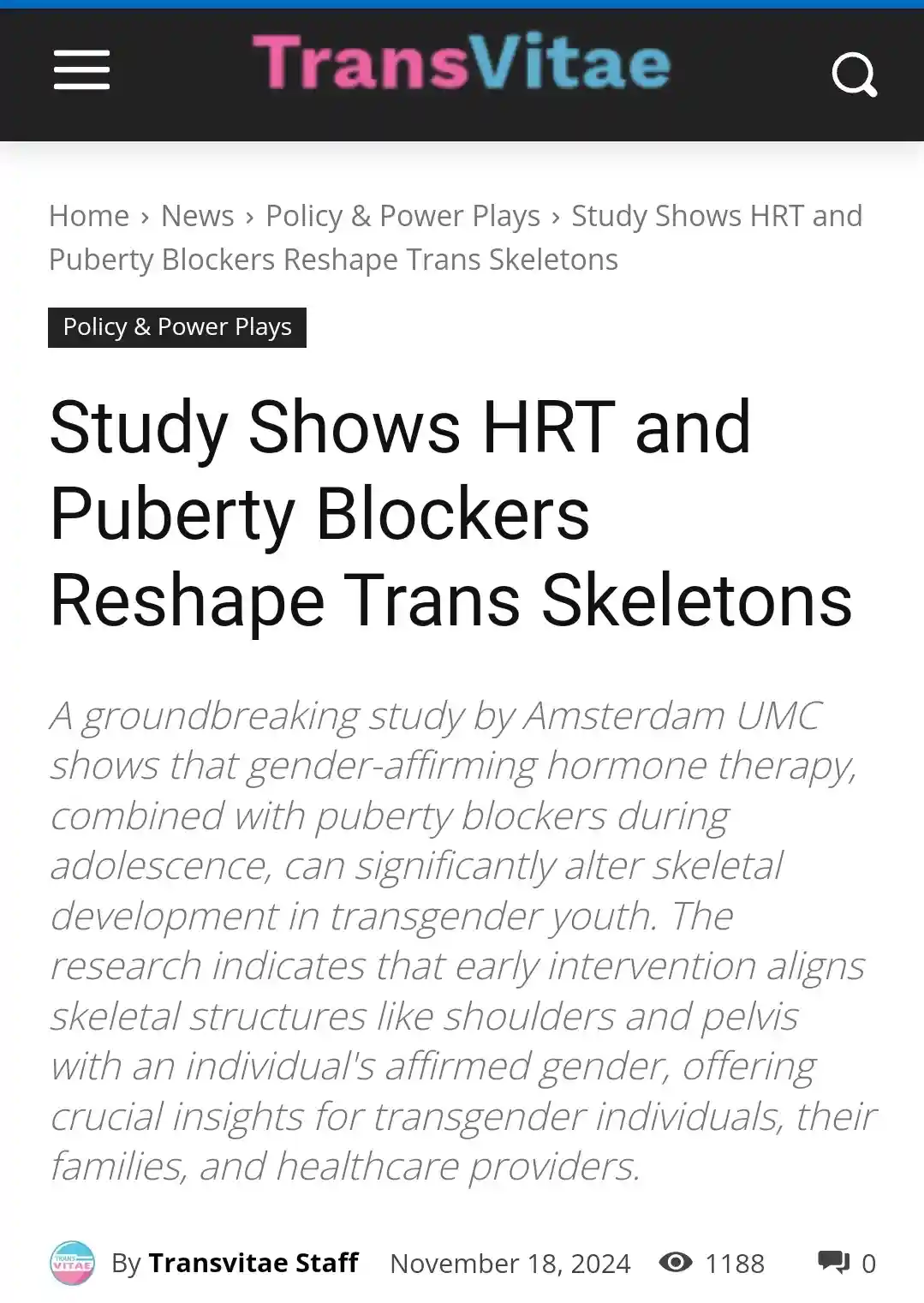 A screenshot of a news article from TransVitae titled 'Study Shows HRT and Puberty Blockers Reshape Trans Skeletons,' which…