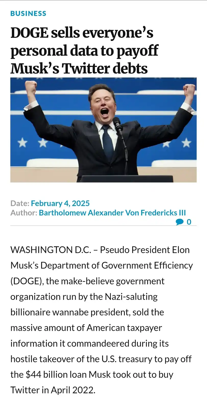 A satirical news article mock-up features a photo of Elon Musk with arms raised in triumph at a podium. The headline reads…