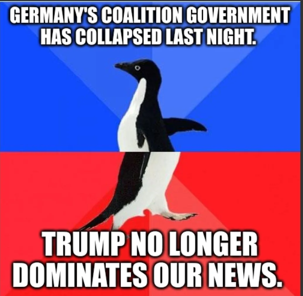 A penguin stands centered against a split background of blue and red, with bold white text at the top stating 'GERMANY'S…