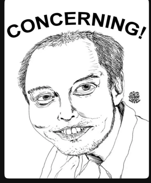 A black-and-white sketch shows a man with a wide, toothy grin and slightly bulging eyes, looking directly at the viewer. The…
