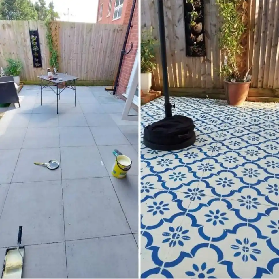 A split image shows a grey concrete patio before and after a DIY makeover. The left side displays the bare patio with a…