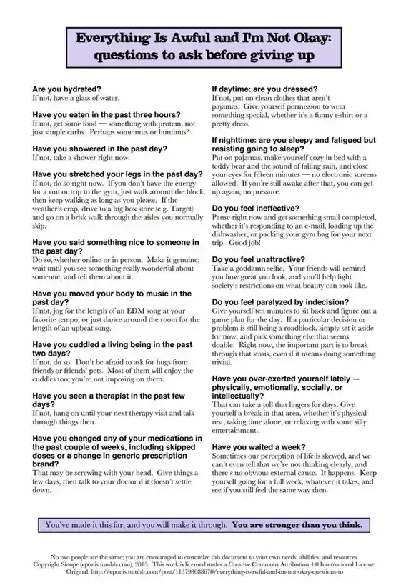 A document titled 'Everything Is Awful and I'm Not Okay: questions to ask before giving up' lists self-care prompts like…