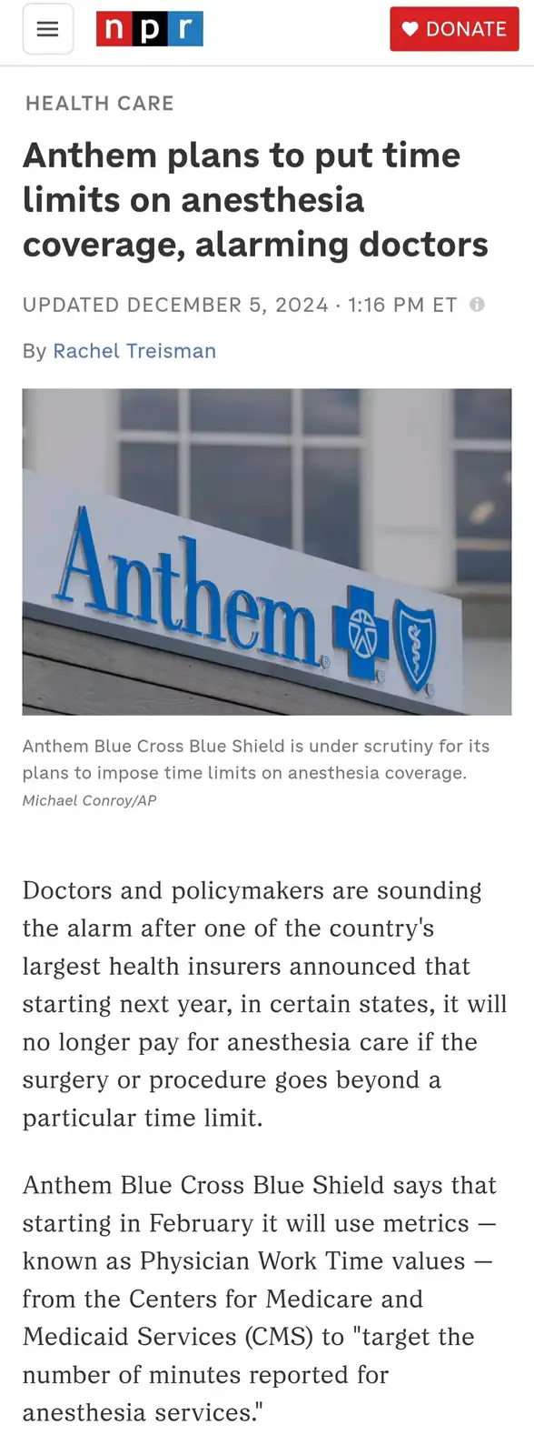 The image is a screenshot of an NPR health care news article featuring a photo of an Anthem Blue Cross Blue Shield sign on a…
