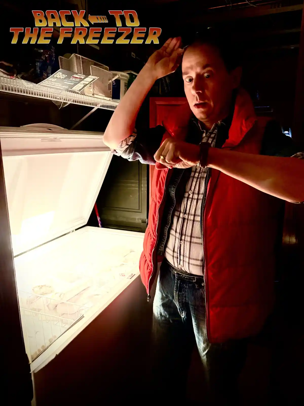 A man in a red vest and plaid shirt stands in front of an open chest freezer, looking shocked while checking his watch. The…