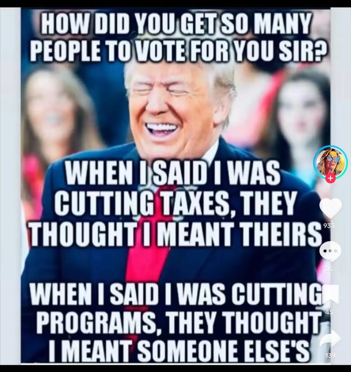 The image shows Donald Trump laughing broadly while wearing a dark suit and red tie, with blurred people in the background…
