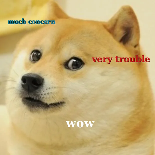 A close-up image of a Shiba Inu dog with wide, startled eyes and a slightly open mouth, conveying shock or alarm. Blue text…