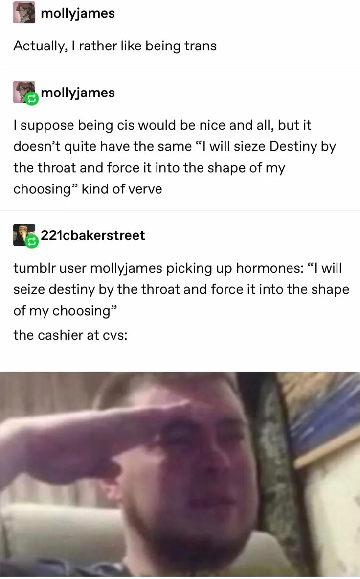A screenshot of a Tumblr conversation where user 'mollyjames' expresses preference for being trans over cis, citing a quote…