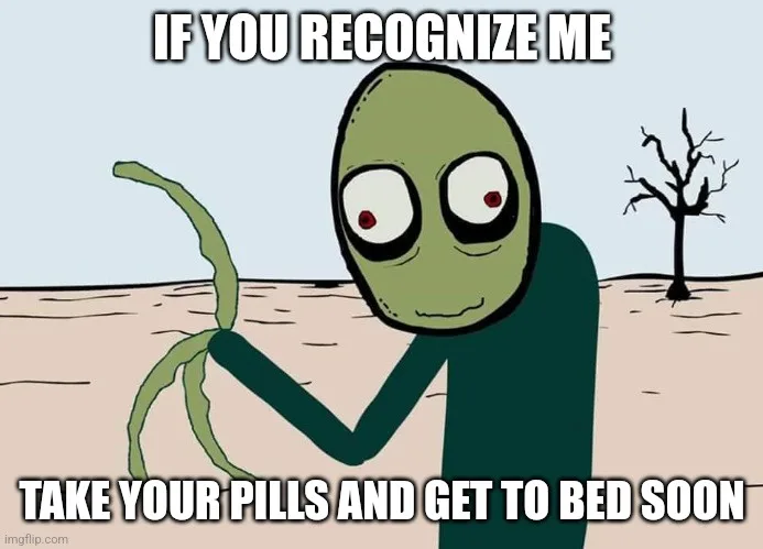 A green-skinned cartoon alien with large white eyes and red pupils stands in a barren desert landscape with a single dead…