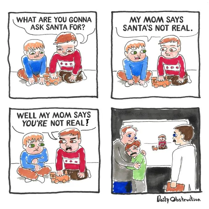 A four-panel comic strip shows two boys playing with toy trains. The first boy asks what the other will ask Santa for. The…