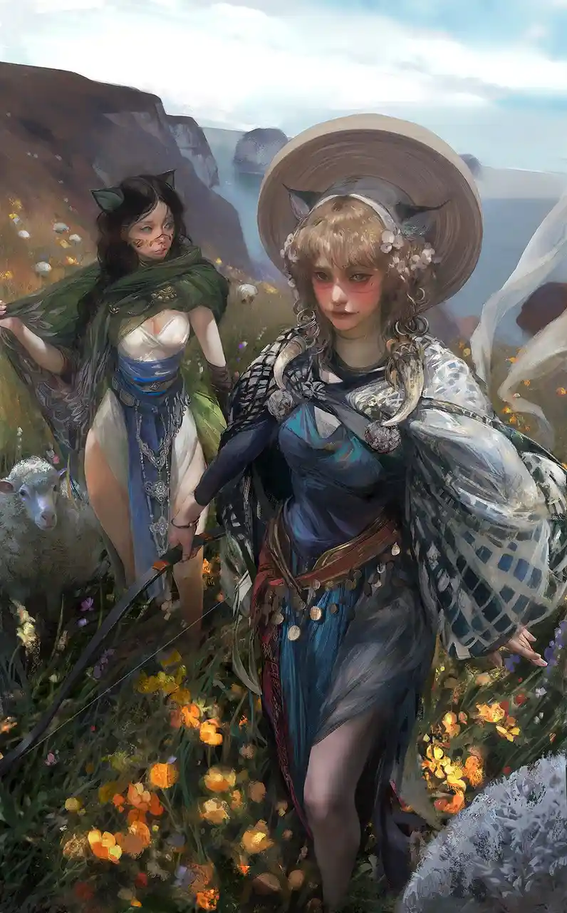 Two cat-eared women in fantasy attire stand in a field of flowers with a sheep nearby; the woman in the foreground holds a…