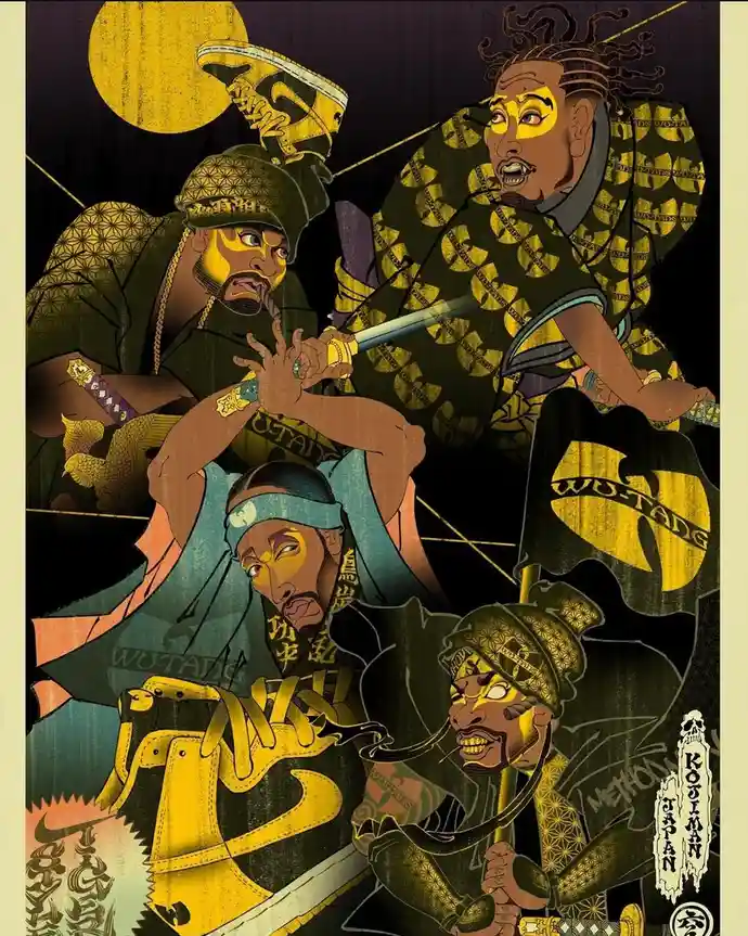 A stylized Japanese ukiyo-e woodblock print depicts four men in samurai armor and attire, each holding weapons like swords…