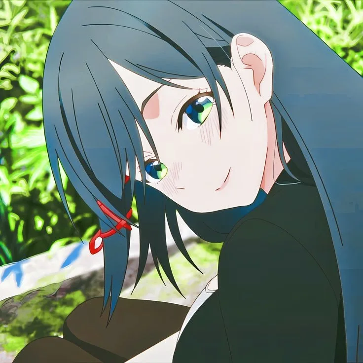 An anime girl with blue hair and green eyes looks down with a slight blush, her hand near her face, suggesting she's trying…