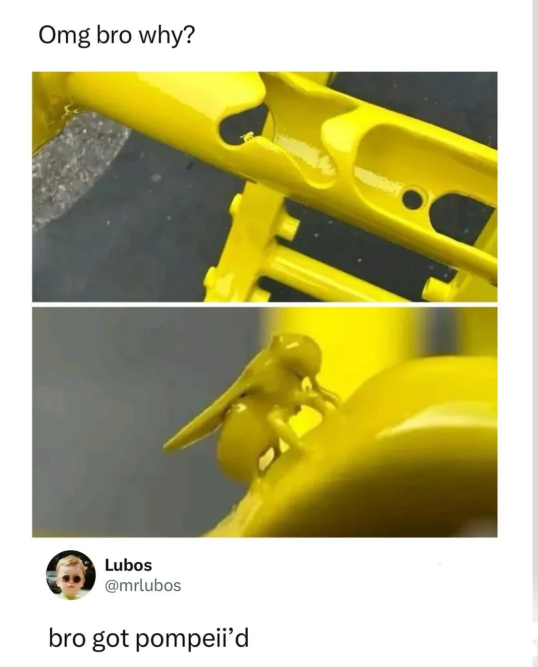 The meme shows two images: the top one is a close-up of a yellow plastic object with a small hole, and the bottom one is a…