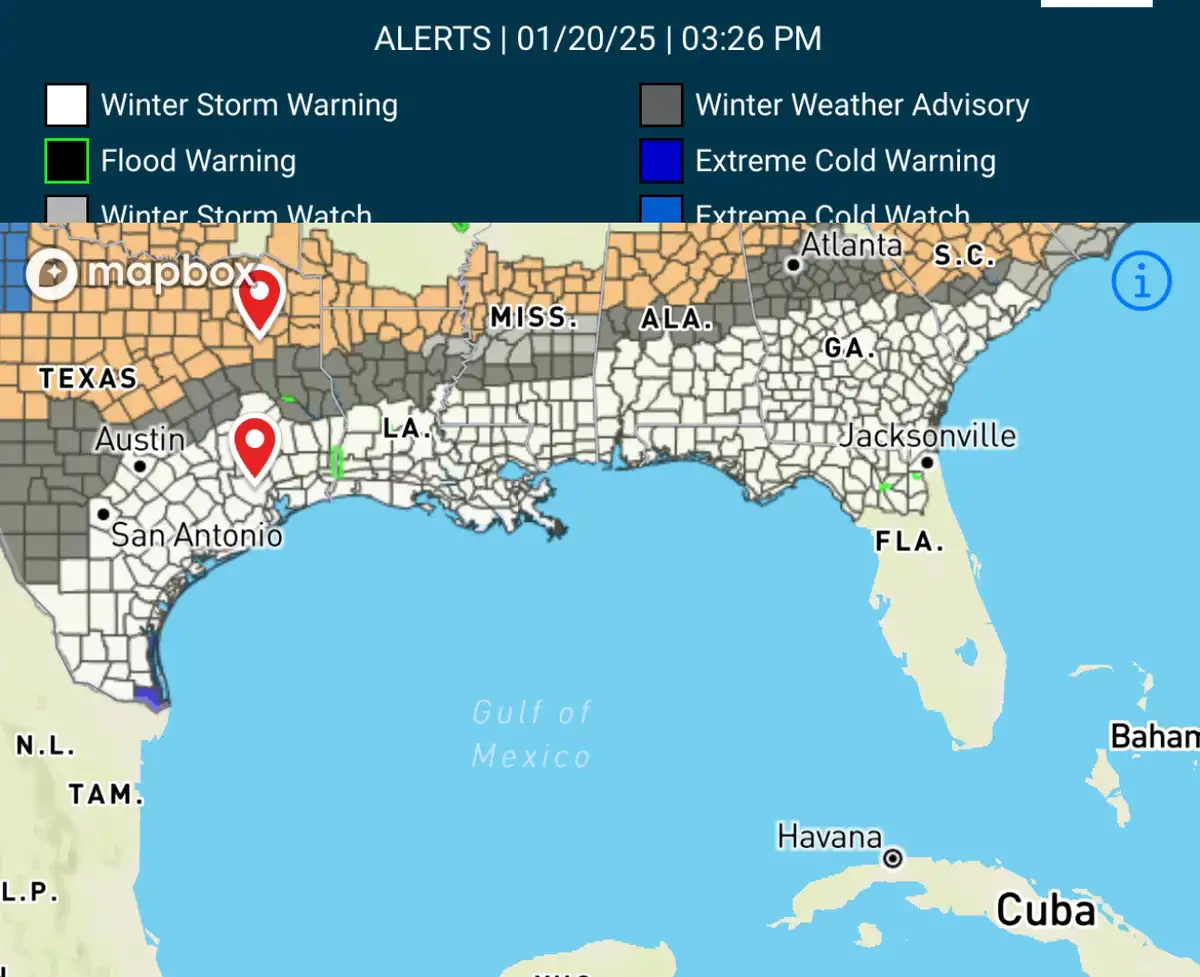 A weather map showing alerts for the southeastern United States, with Texas, Louisiana, Mississippi, Alabama, Georgia…