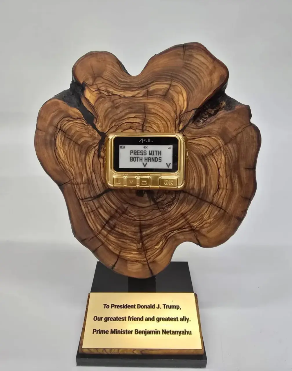 A golden, old-style iPod-like device is embedded in a large, ornate wooden plaque resembling a tree stump, mounted on a…