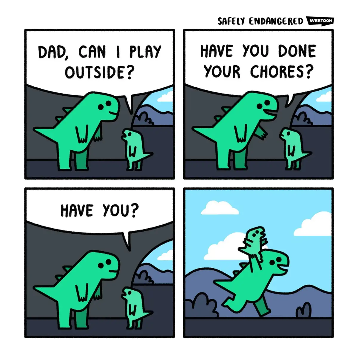 A four-panel comic strip from 'Safely Endangered' shows a small green dinosaur asking its larger green dinosaur dad if it…
