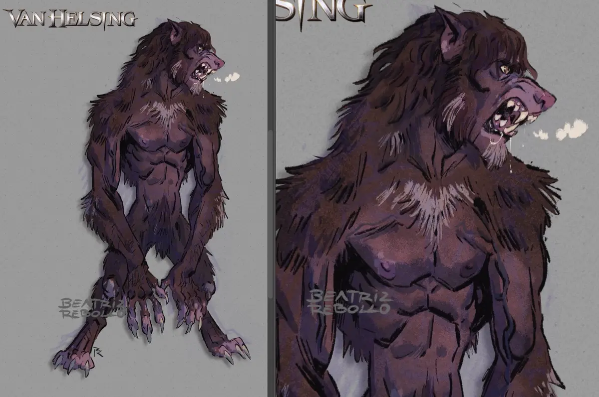 The image displays two nearly identical concept art illustrations of a muscular, bipedal werewolf with dark fur, sharp…