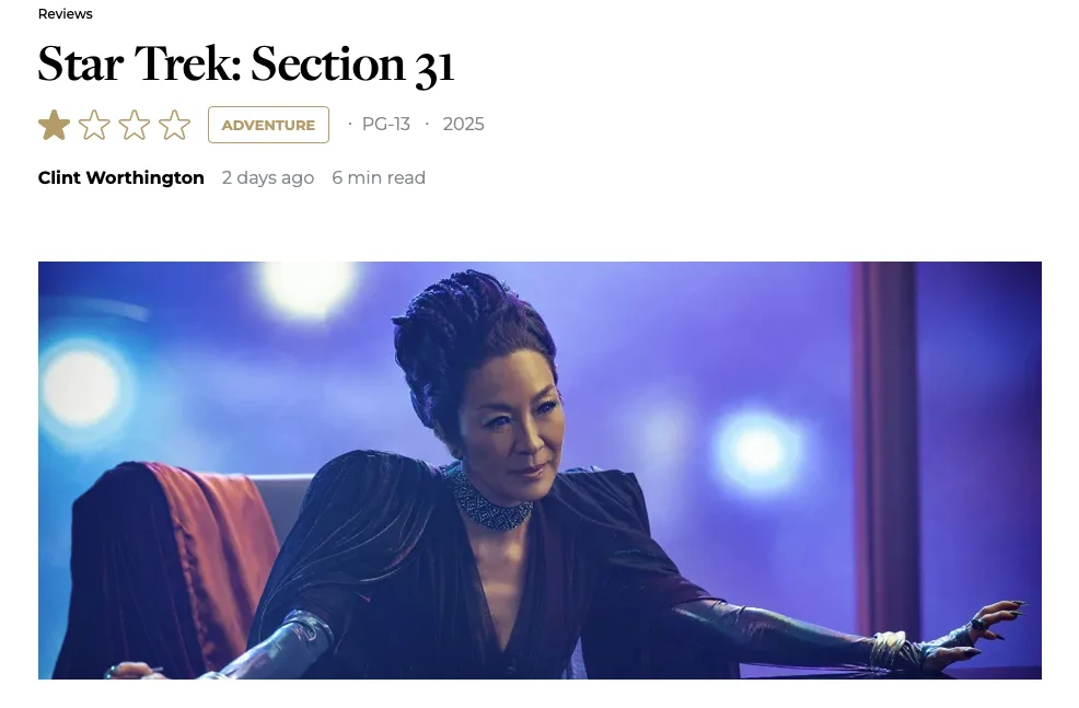 A screenshot of a fake movie review page for 'Star Trek: Section 31' shows a one-star rating, with the image featuring a…