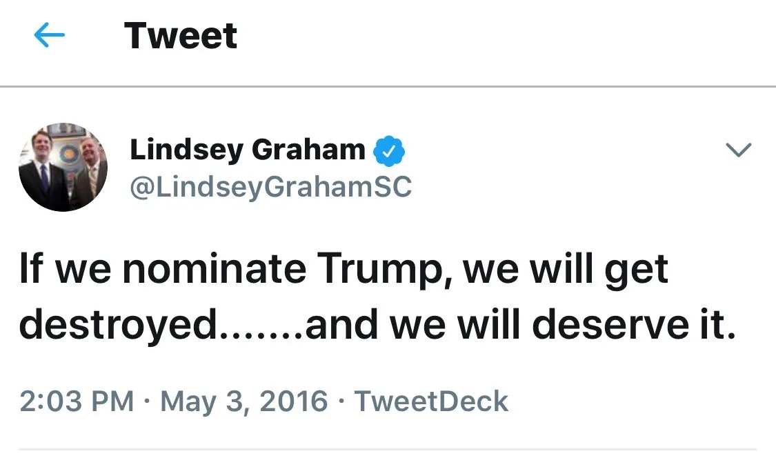 A screenshot of a 2016 tweet from verified user Lindsey Graham (@LindseyGrahamSC) showing his profile picture and the text…