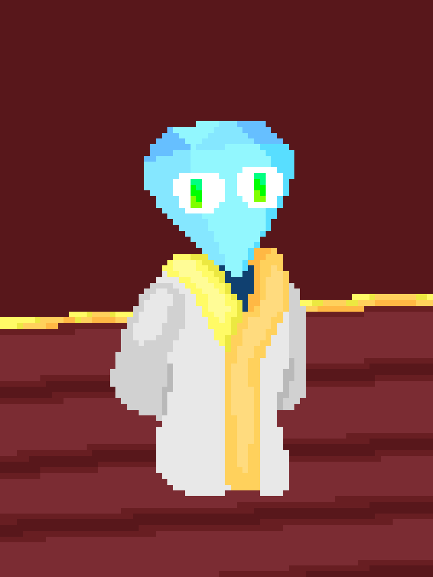 A pixelated, light-blue alien with large green eyes and a yellow scarf stands against a dark red background, arms…