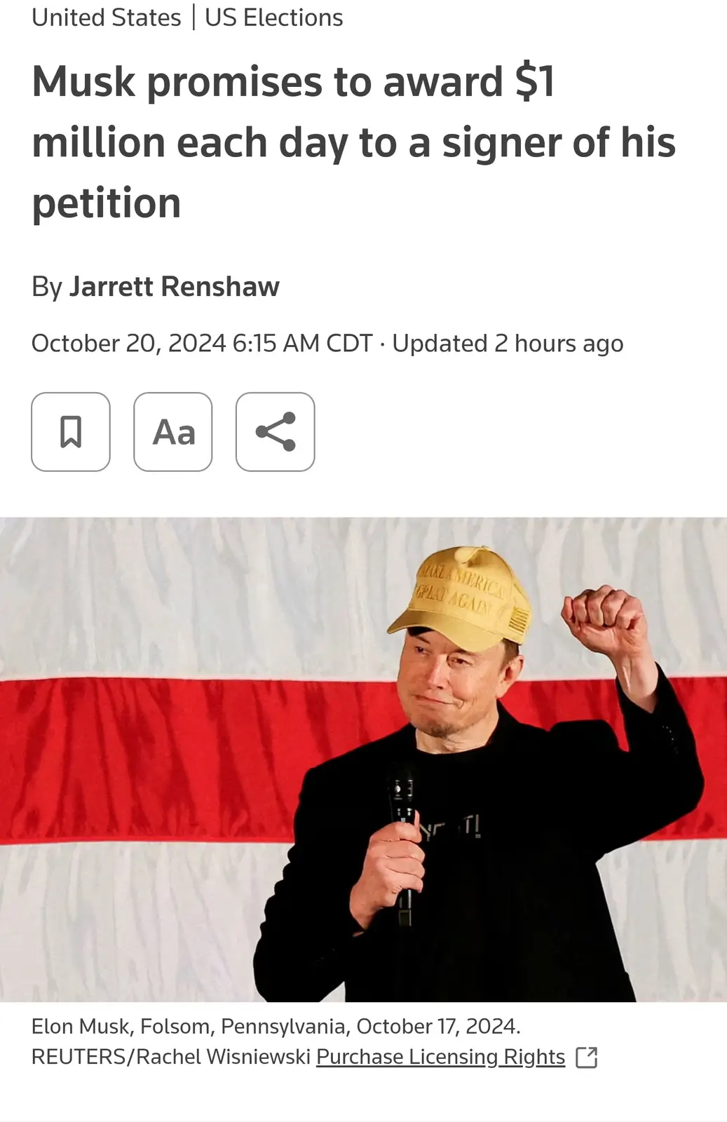 A screenshot of a news article with the headline 'Musk promises to award $1 million each day to a signer of his petition'…