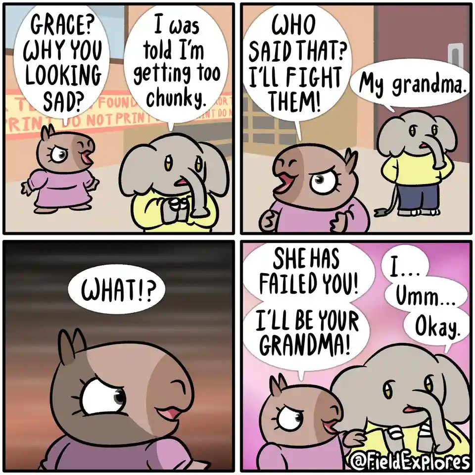 A four-panel comic featuring cartoon animals: a small brown creature in a purple dress and a young elephant in a yellow…
