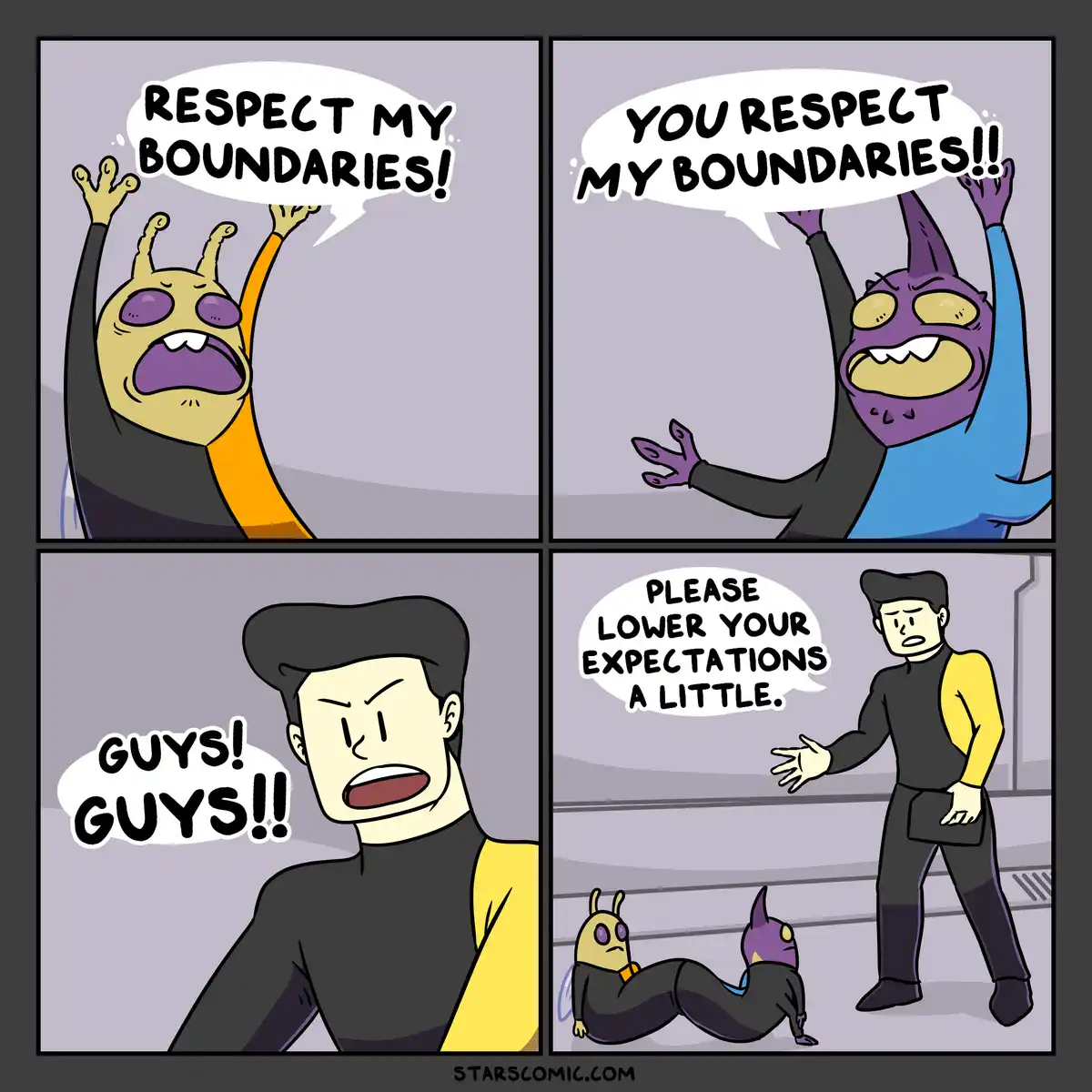 A four-panel comic strip shows two aliens yelling about respecting boundaries, then a human character yelling 'guys!' before…
