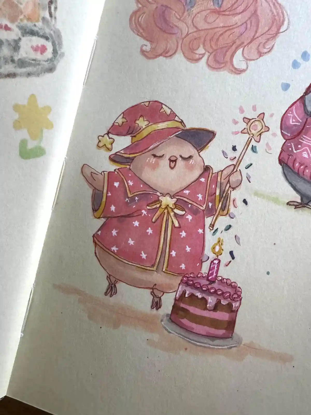 A watercolor illustration shows a chubby, cartoonish character wearing a red star-patterned wizard hat and robe, holding a…