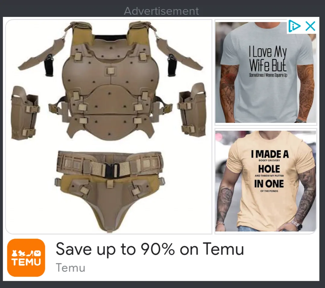 An advertisement for Temu displays a tactical vest and pants set alongside two t-shirts. One shirt reads 'I Love My Wife But…