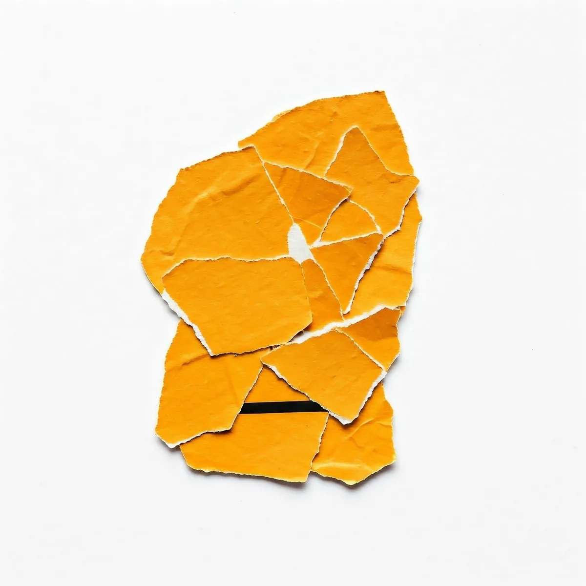 A collage of torn orange paper pieces arranged to form a human head silhouette against a white background, with a single…