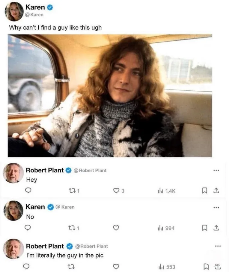 A screenshot of a Twitter thread shows user 'Karen' lamenting her inability to find a man like the one in a photo of a young…