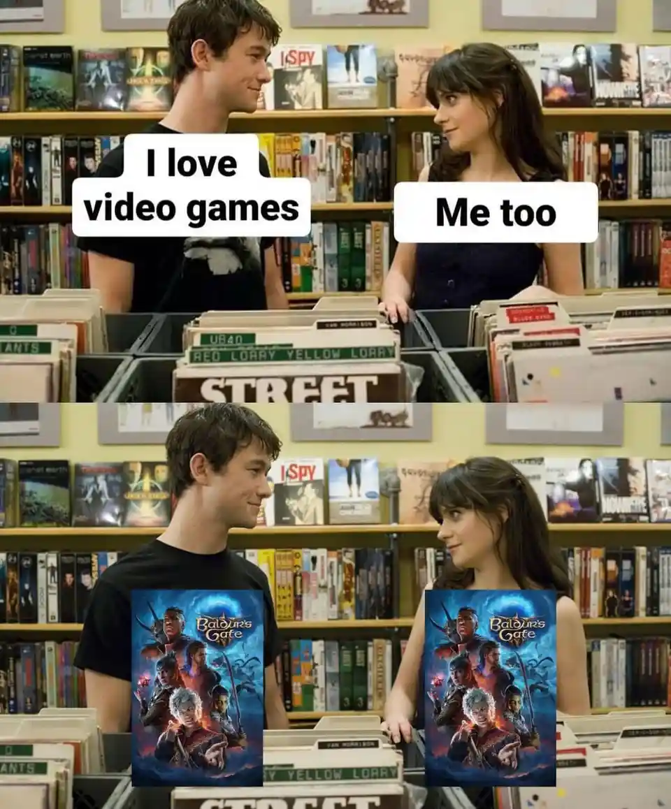 Two people in a record store are shown in two panels. In the top panel, they smile at each other with text bubbles saying 'I…