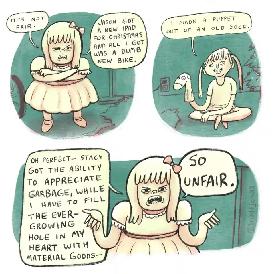 A three-panel comic strip shows a girl initially upset about receiving a bike instead of an iPad for Christmas. She then…