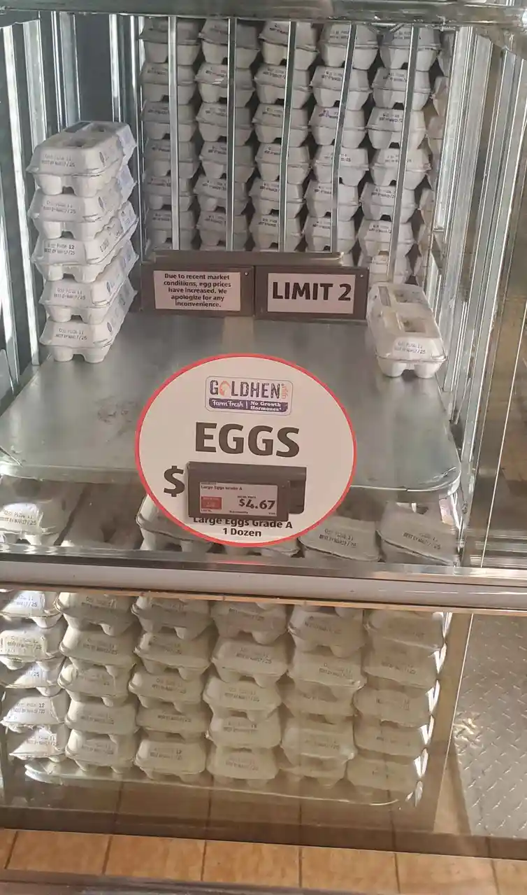 A refrigerated grocery store egg display shows a price tag of $4.67 per dozen and a sign stating 'LIMIT 2' due to increased…