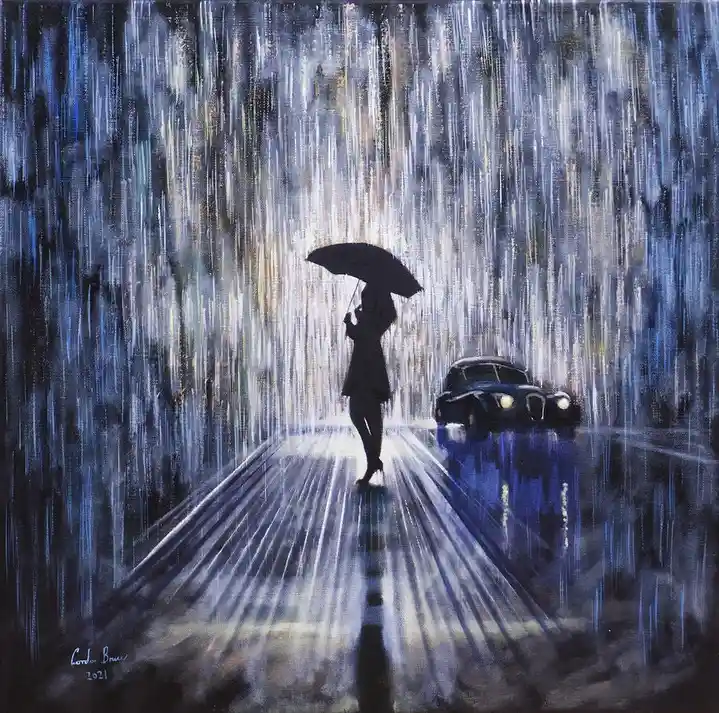 A painting depicts a silhouetted woman holding an umbrella standing in heavy rain on a wet street, with a vintage car parked…