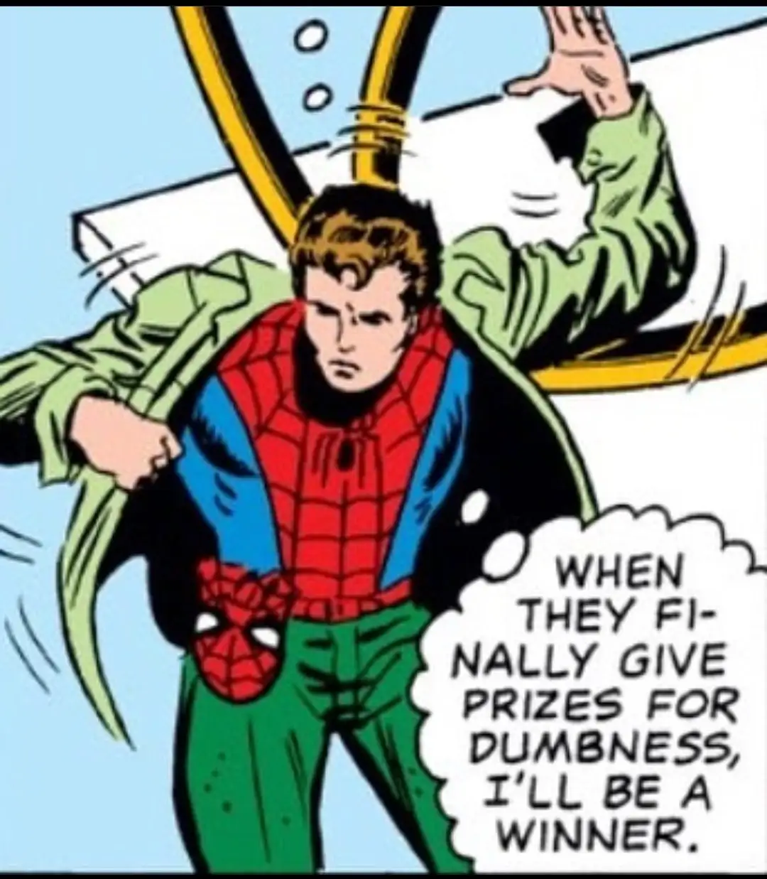 A comic book panel shows Spider-Man in his classic red and blue suit, being forcefully pulled by a large hand wearing a…