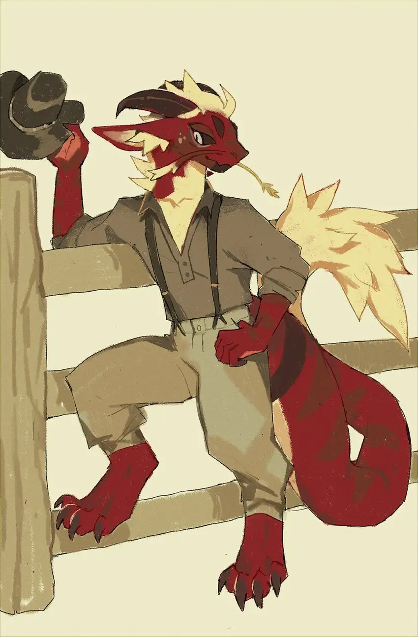 A red and cream-colored anthropomorphic dragon with horns and a fluffy tail is leaning casually against a wooden fence, one…