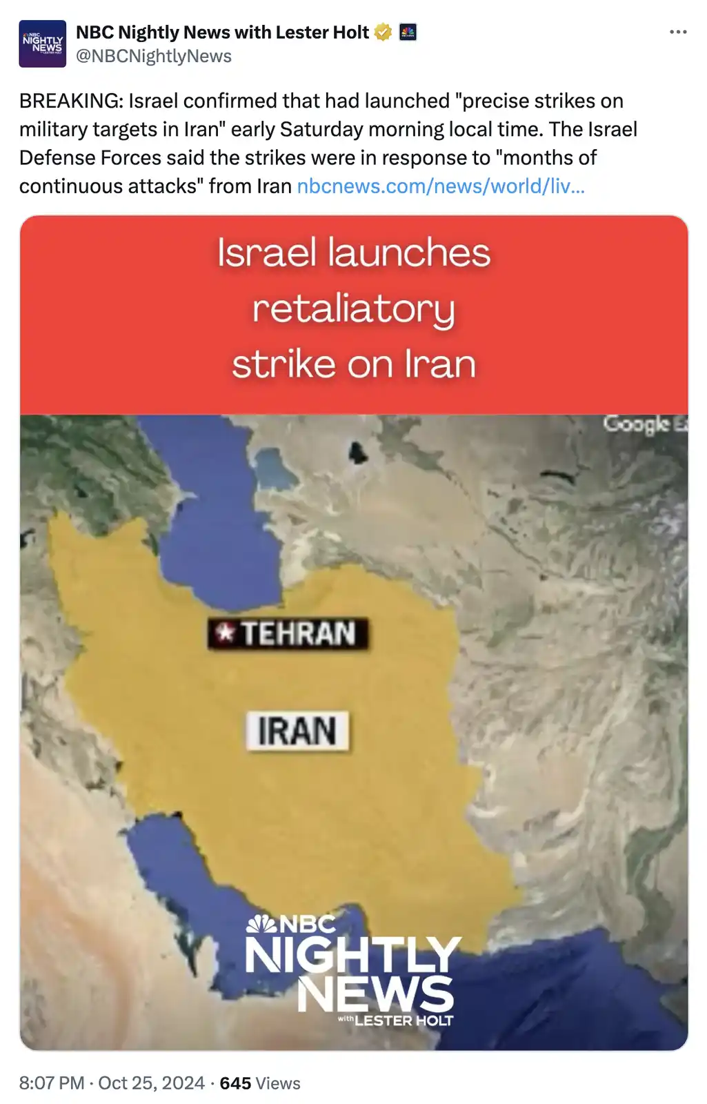 A screenshot of an NBC Nightly News tweet shows a map of Iran highlighted in yellow with 'TEHRAN' and 'IRAN' labeled. A red…
