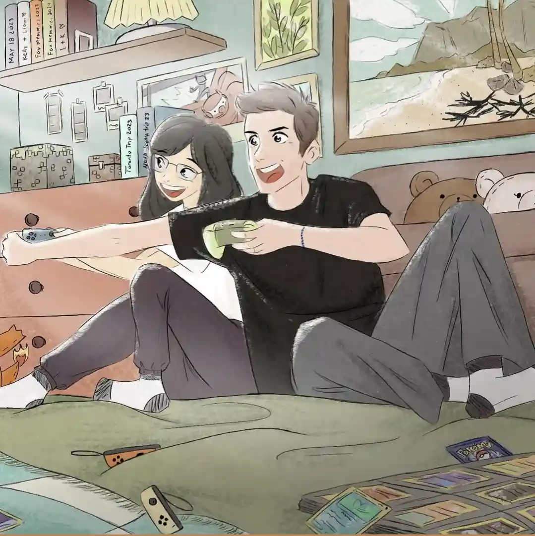 An illustrated couple sits on a couch, both holding video game controllers and smiling excitedly. The room is cozy with…